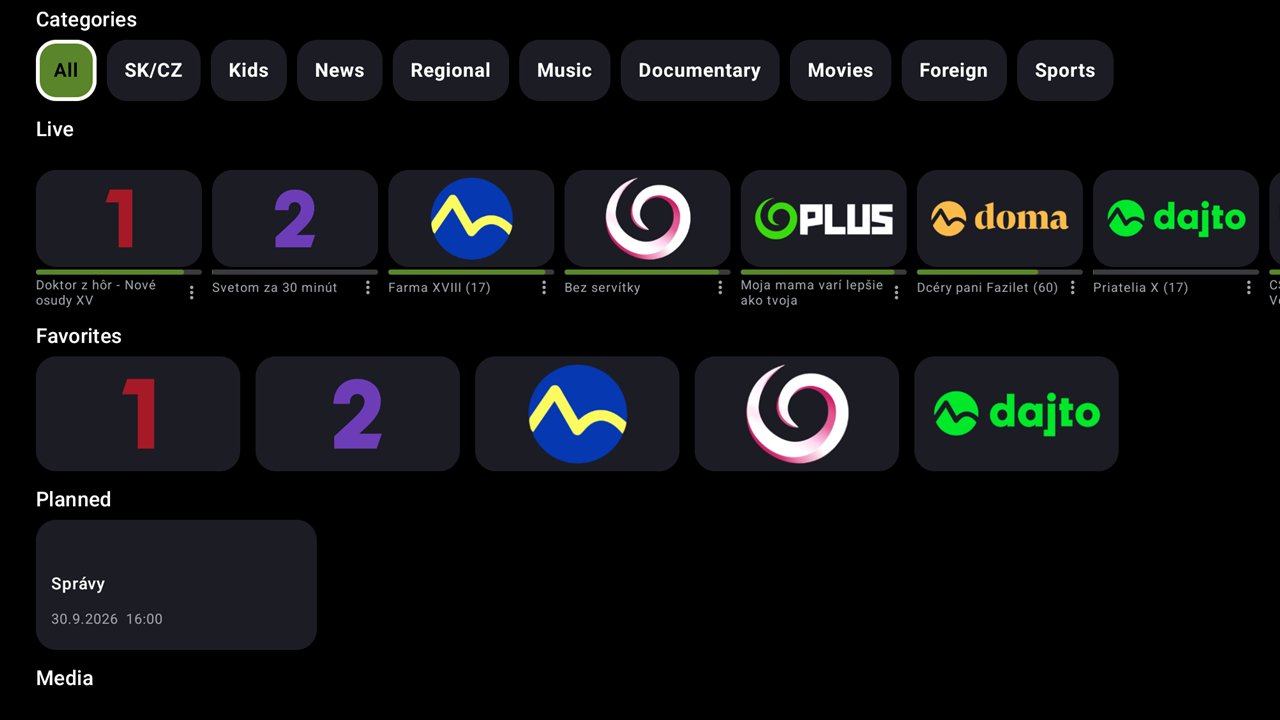Home screen with Live, Favorites, Planned and Media (VOD)
